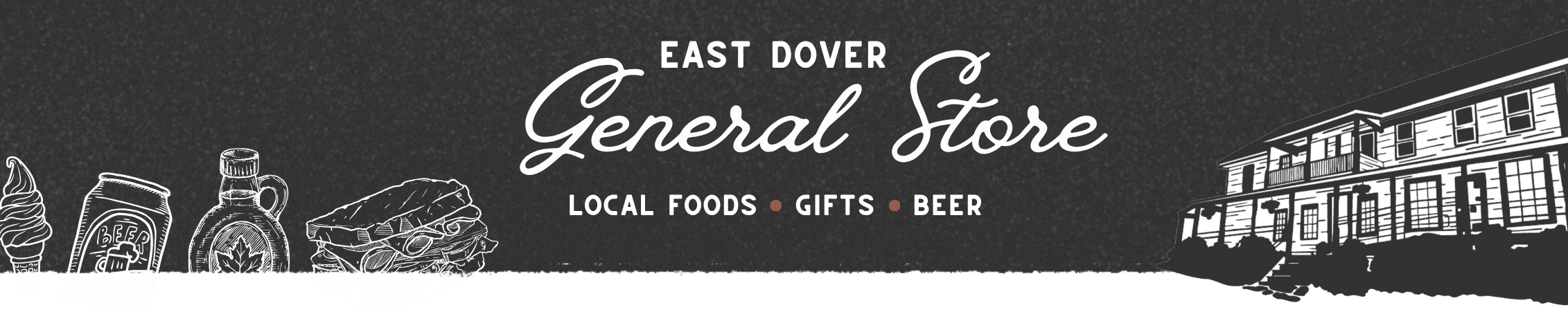 Logo of East Dover General Store with store building illustration on a black background