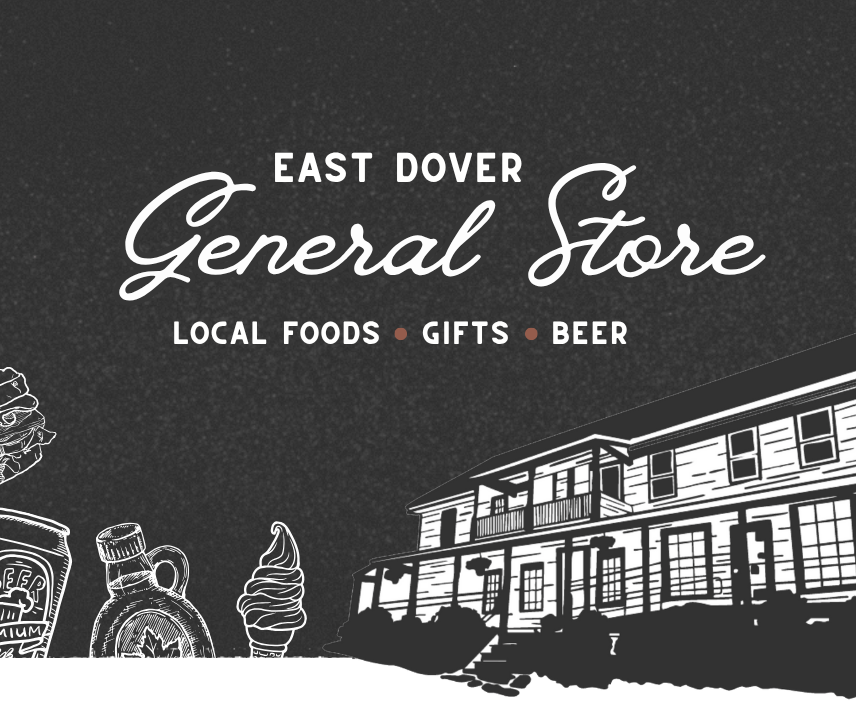 Advertisement for East Dover General Store with store illustration and product icons on a dark background